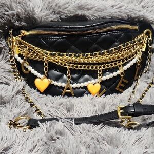 Black Quilted Bum Bag with Gold Accents